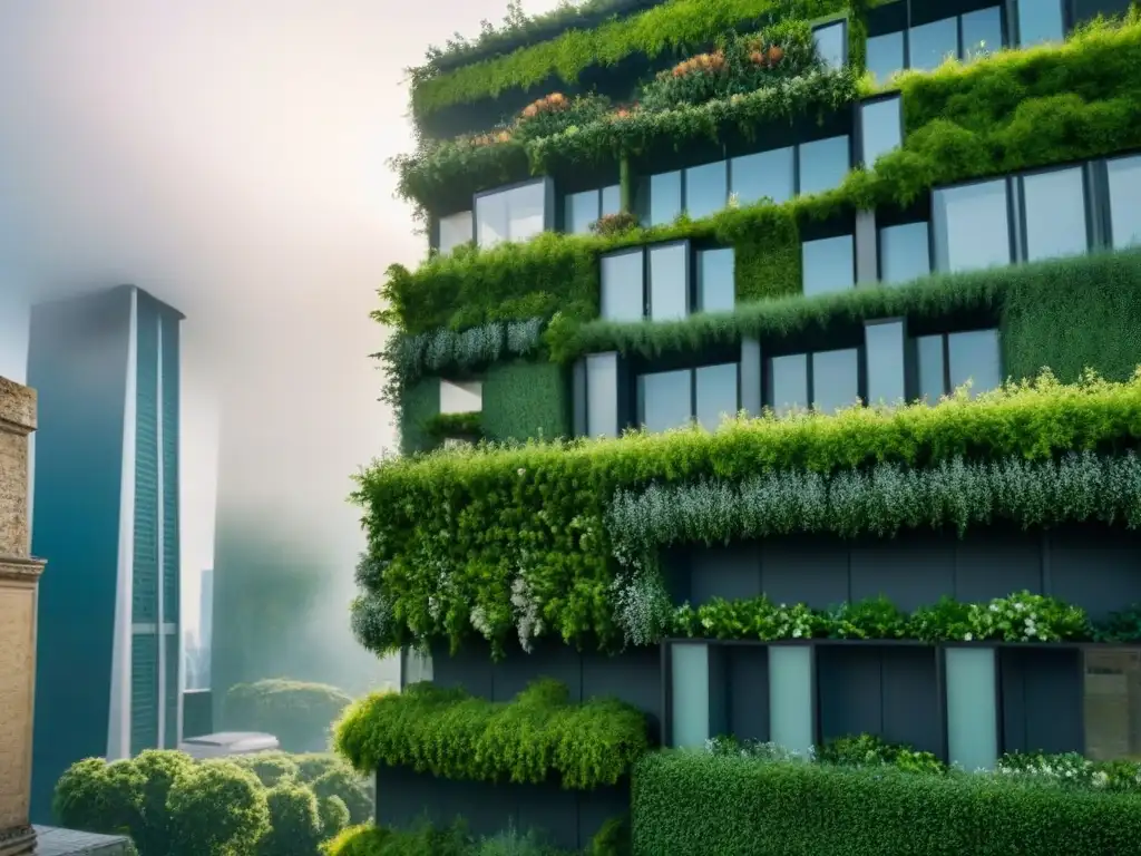 Edificio urbano moderno con techos verdes, jardín en la azotea y muros vivos