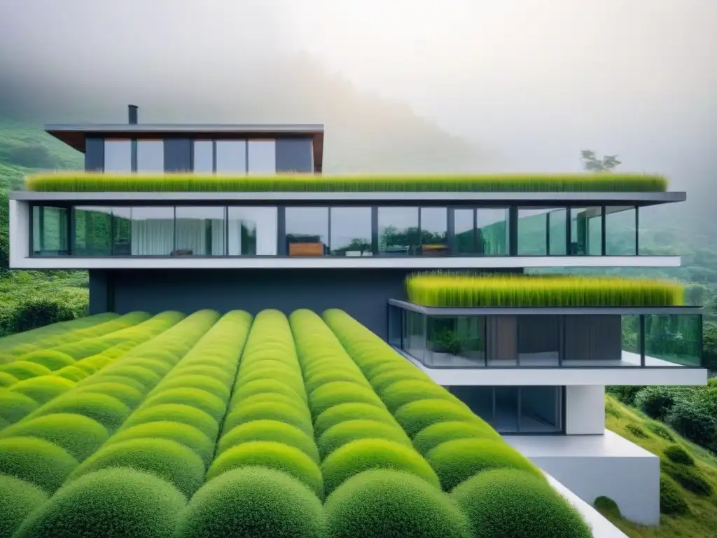 Edificio verde con diseño innovador en construcción sostenible, integrando armoniosamente tecnología y naturaleza