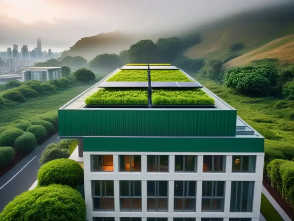 Edificio verde con diseño sostenible, paneles solares y jardines en ciudad