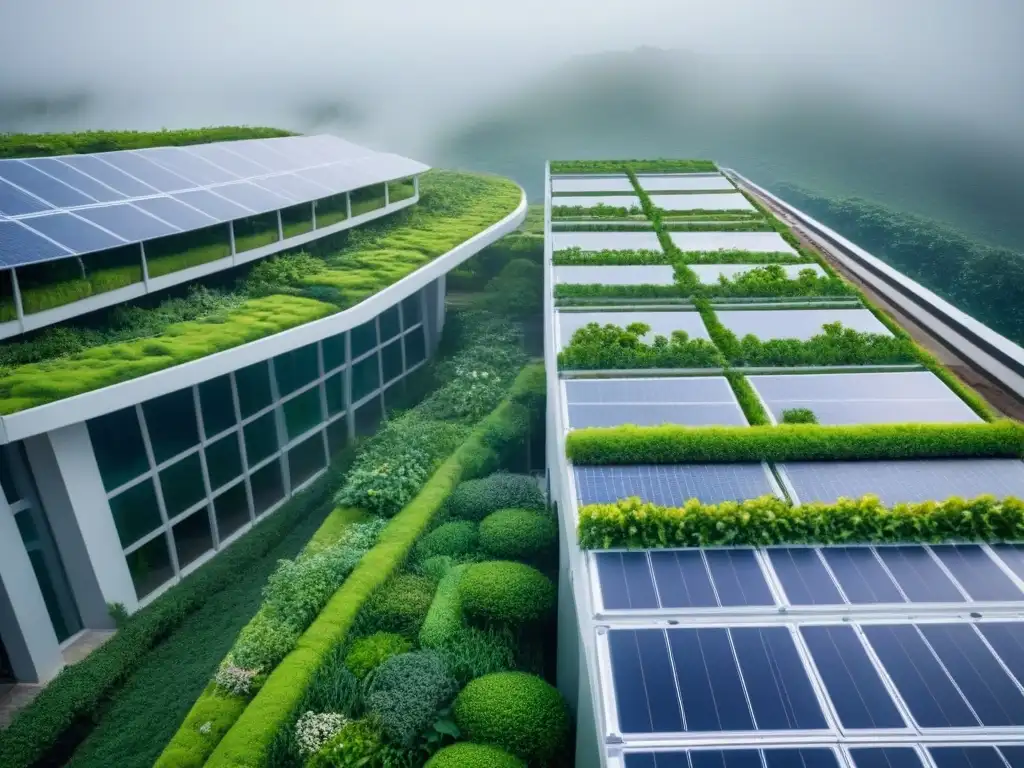 Edificio verde futurista con jardines verticales, paneles solares y turbinas eólicas