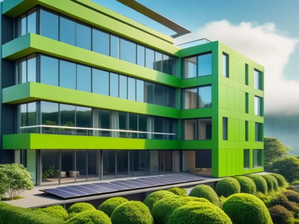 Edificio verde innovador con paneles solares y vegetación exuberante