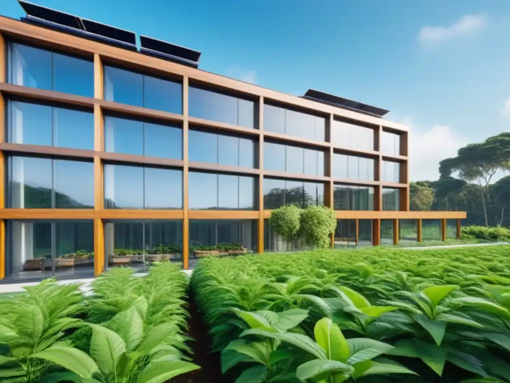 Edificio verde moderno rodeado de naturaleza, con paneles solares y diseño ecoamigable