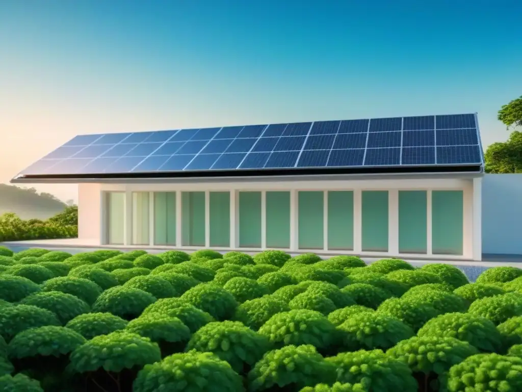 Edificio verde moderno rodeado de naturaleza, con paneles solares y sistema de recolección de agua