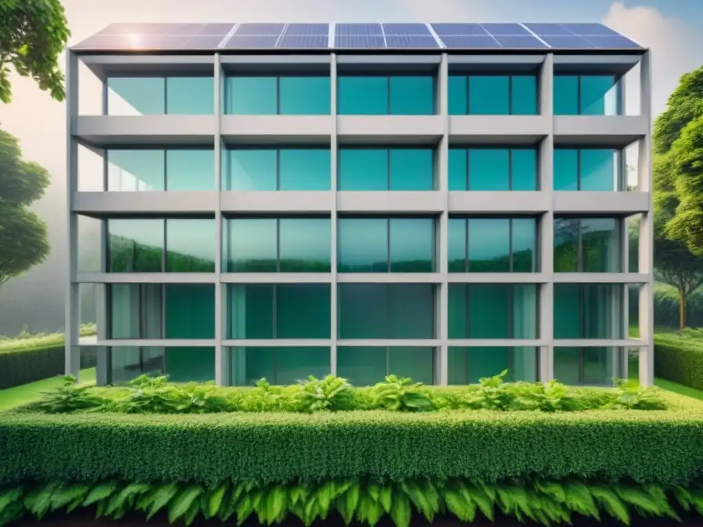 Edificio verde moderno rodeado de vegetación, con paneles solares y diseño sostenible