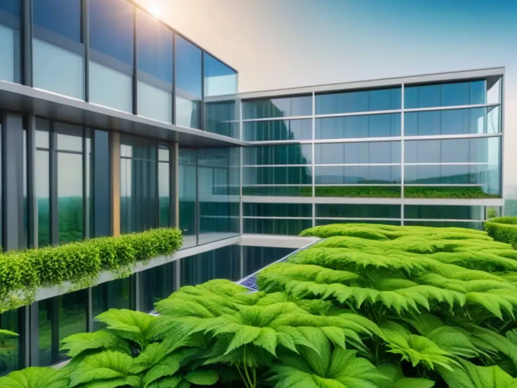 Edificio verde rodeado de naturaleza y tecnología, aumentando la productividad