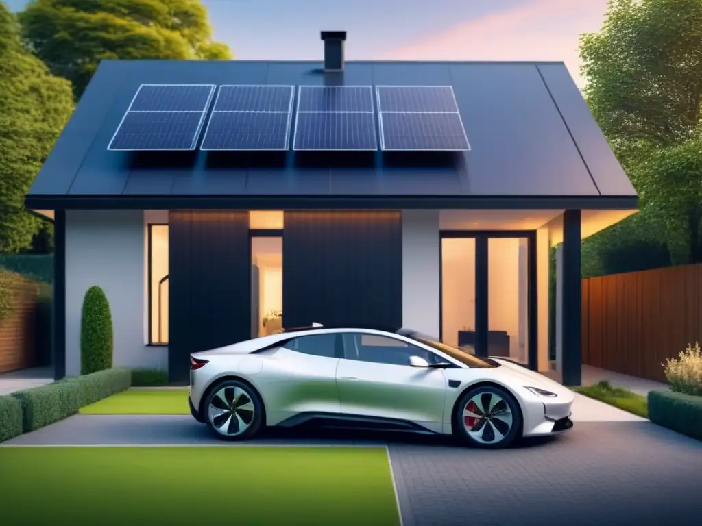 Eficiencia energética en estilo sostenible: Ilustración digital de casa inteligente con paneles solares, auto eléctrico y jardín verde exuberante