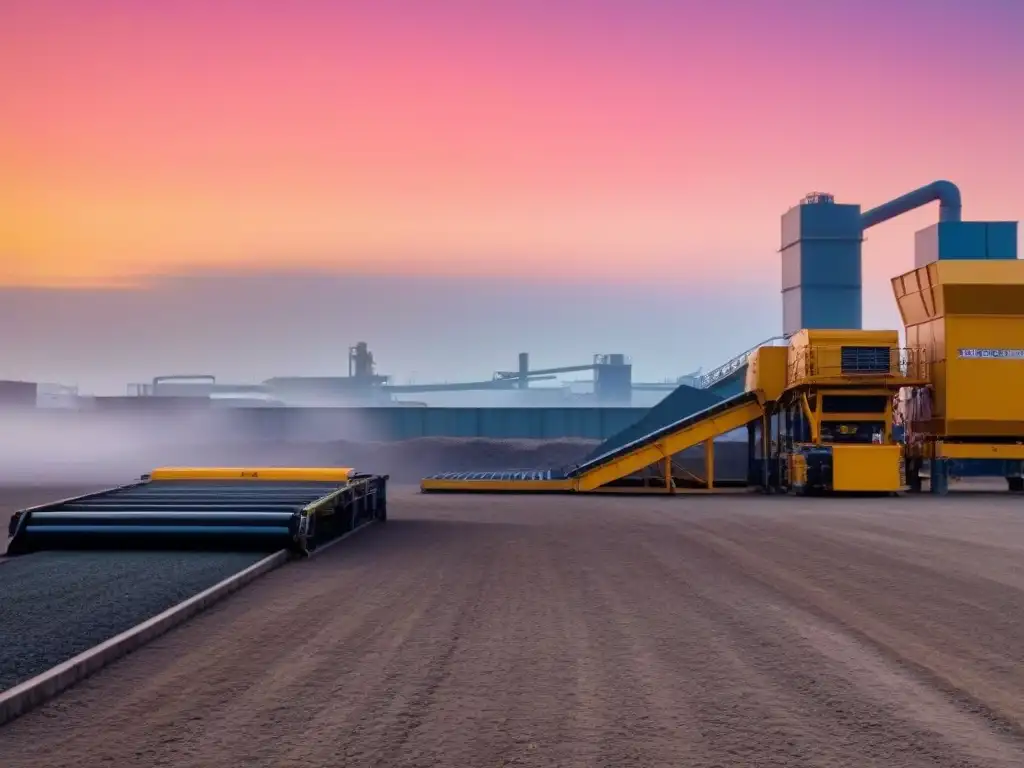 Eficiencia y sostenibilidad en planta de reciclaje al atardecer, con maquinaria moderna y cintas transportadoras