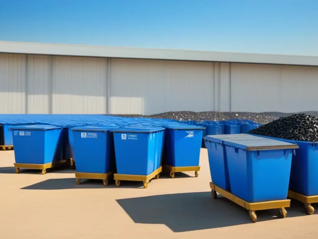 Eficiente gestión de residuos en clima cambiante: trabajadores ordenando materiales reciclables en un centro moderno bajo cielo azul