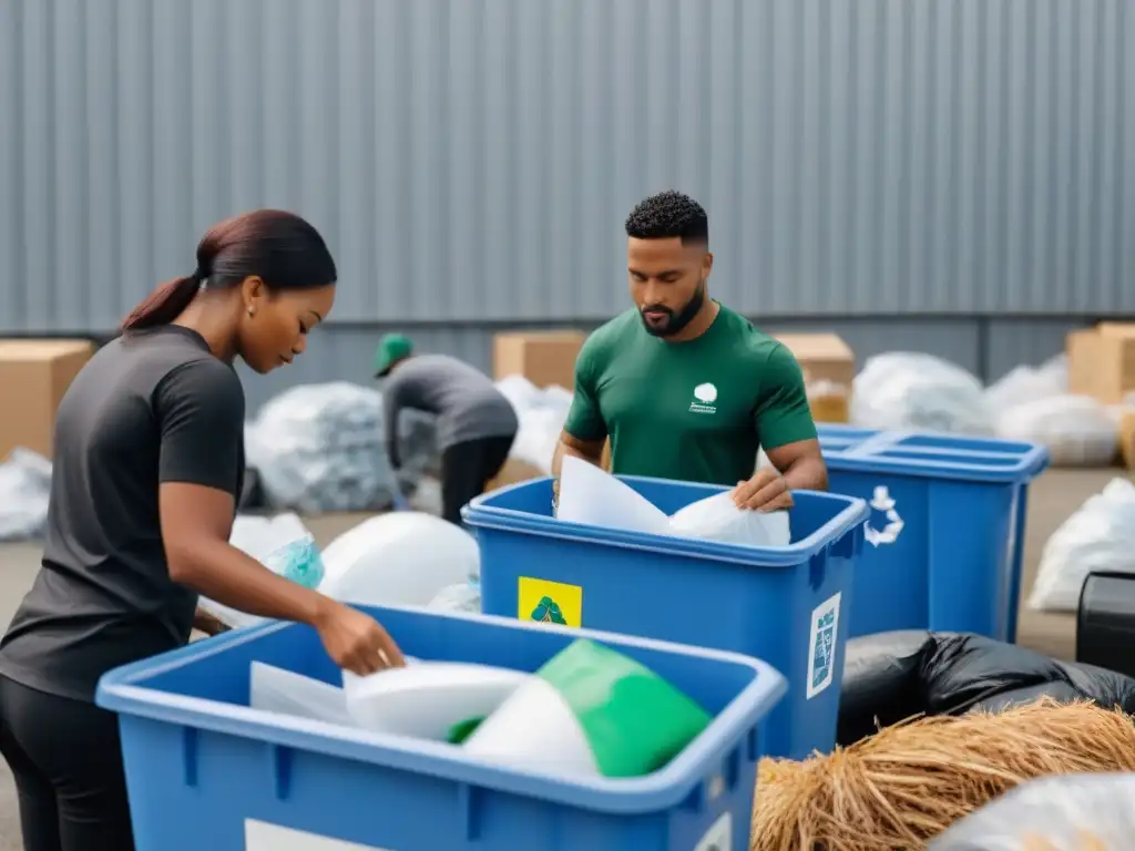 Eficiente organización en recogida de residuos: Comunidad diversa separa materiales reciclables en ambiente limpio y ordenado