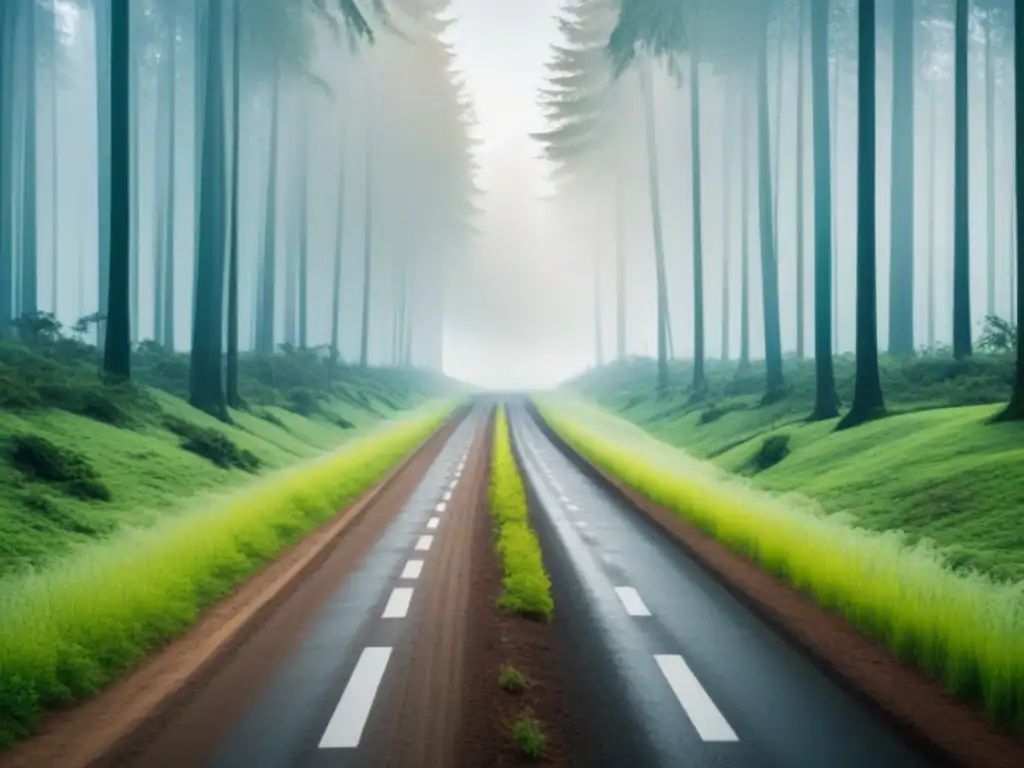 Elige tu camino: Inversiones sostenibles vs Elección crucial: dos caminos opuestos, uno a un bosque exuberante y otro a un paisaje desolado
