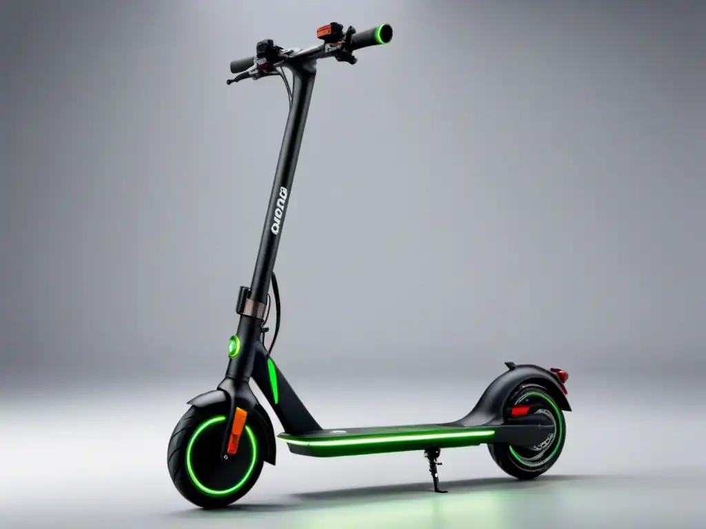 Scooter eléctrico infantil sostenible en verde vibrante con asiento acolchado y luces LED en las ruedas, sobre fondo blanco