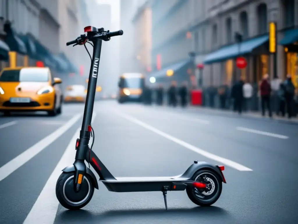 Scooter eléctrico moderno con luces LED, frenos sólidos y casco, en ciudad