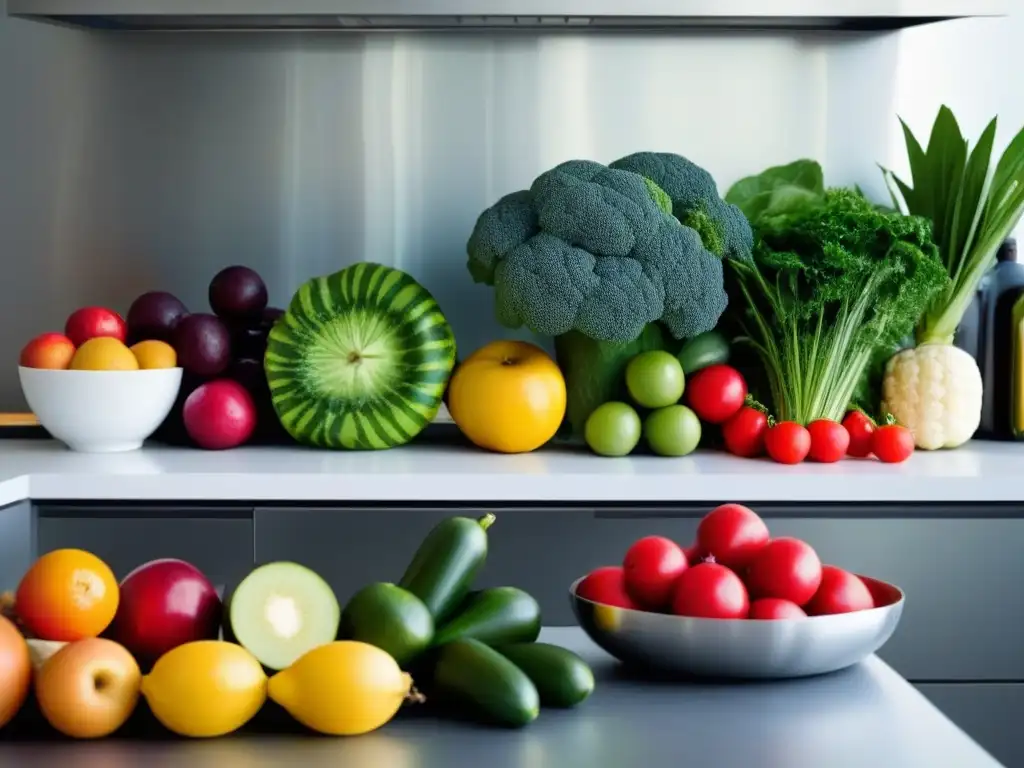 Una elegante y armoniosa composición de frutas y verduras coloridas siguiendo el Principio de las 5R en alimentación sostenible