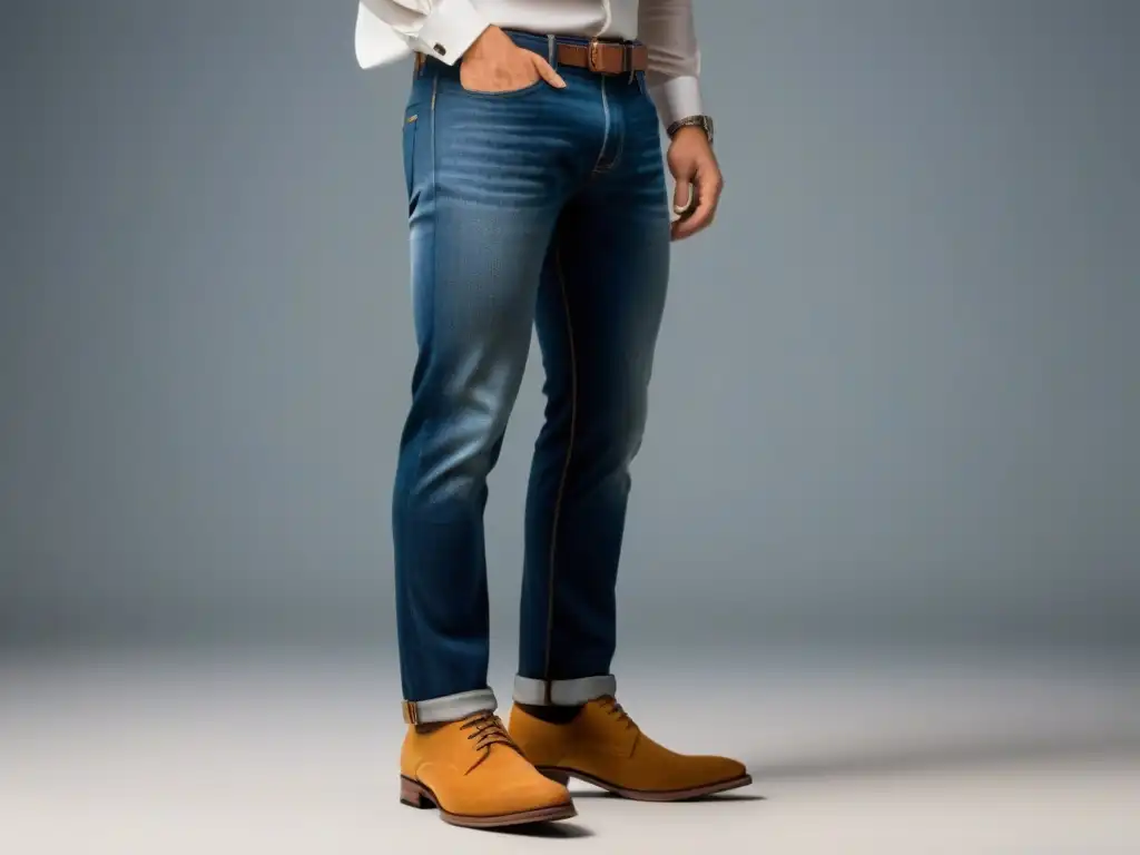 Un elegante atuendo de hombre en colores neutros, con camisa de algodón orgánico, jeans ecológicos y zapatos veganos