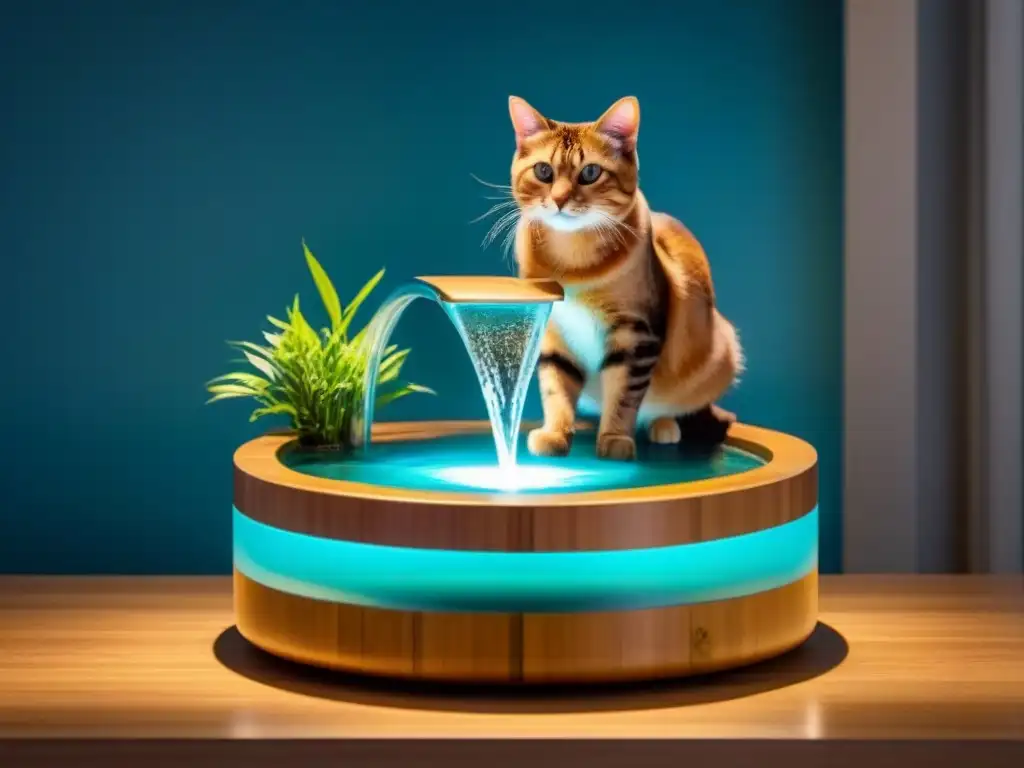 Un elegante bebedero para mascotas de lujo, con diseño ecofriendly, donde un gato feliz bebe agua fresca