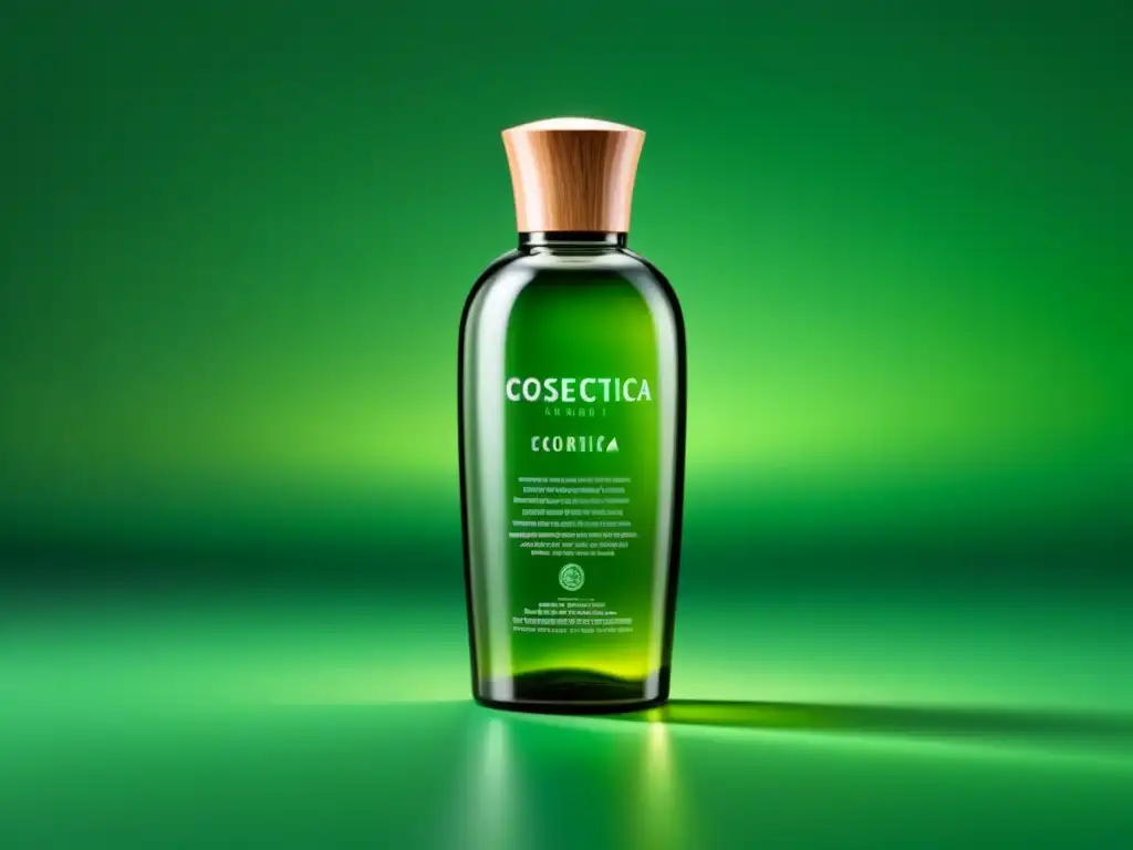 Elegante botella de vidrio con etiqueta de 'Cosmética Ecológica Innovadora y Sostenible' sobre fondo verde difuminado