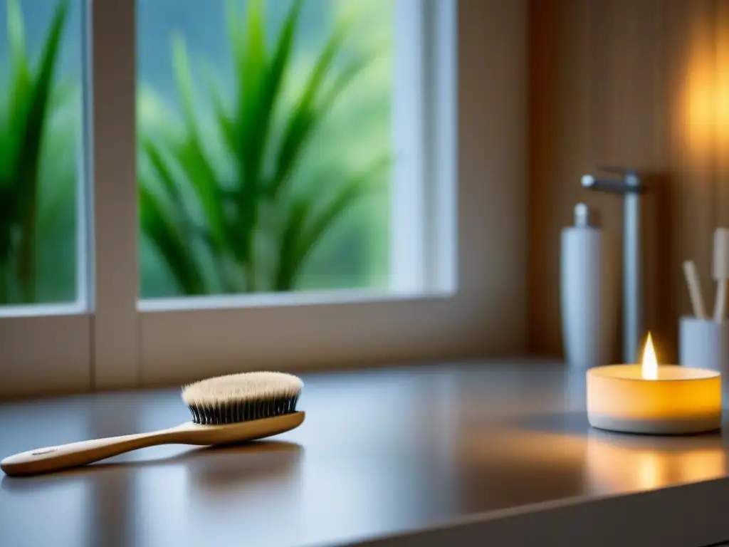 Un elegante cepillo de dientes de bambú sobre un moderno lavabo, creando una atmósfera ecoconsciente y serena