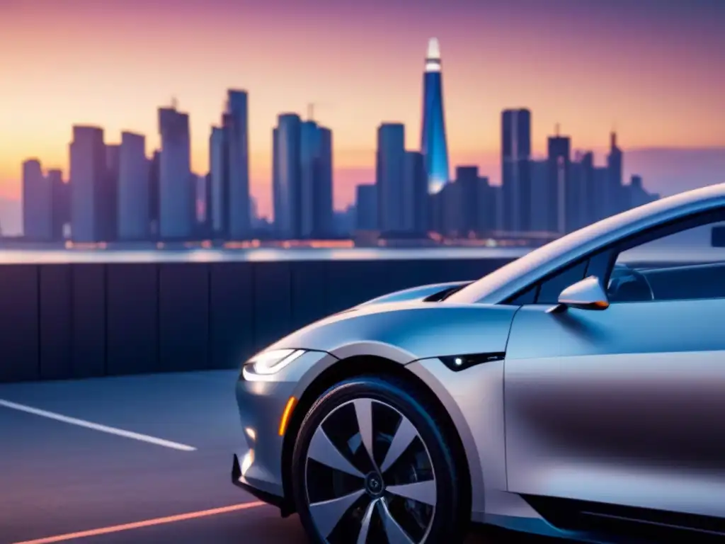 Un elegante coche eléctrico de alta gama cargando en estación futurista al atardecer en la ciudad