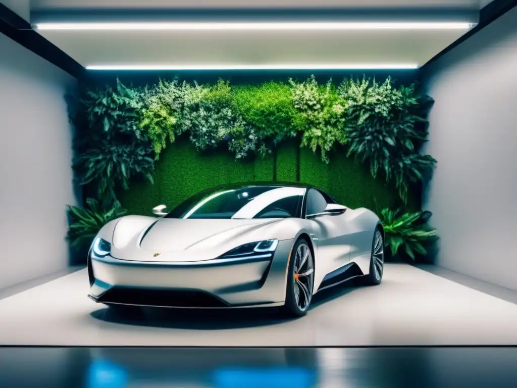 Un elegante coche eléctrico de alta gama sostenible estacionado en un garaje moderno con una pared verde de plantas