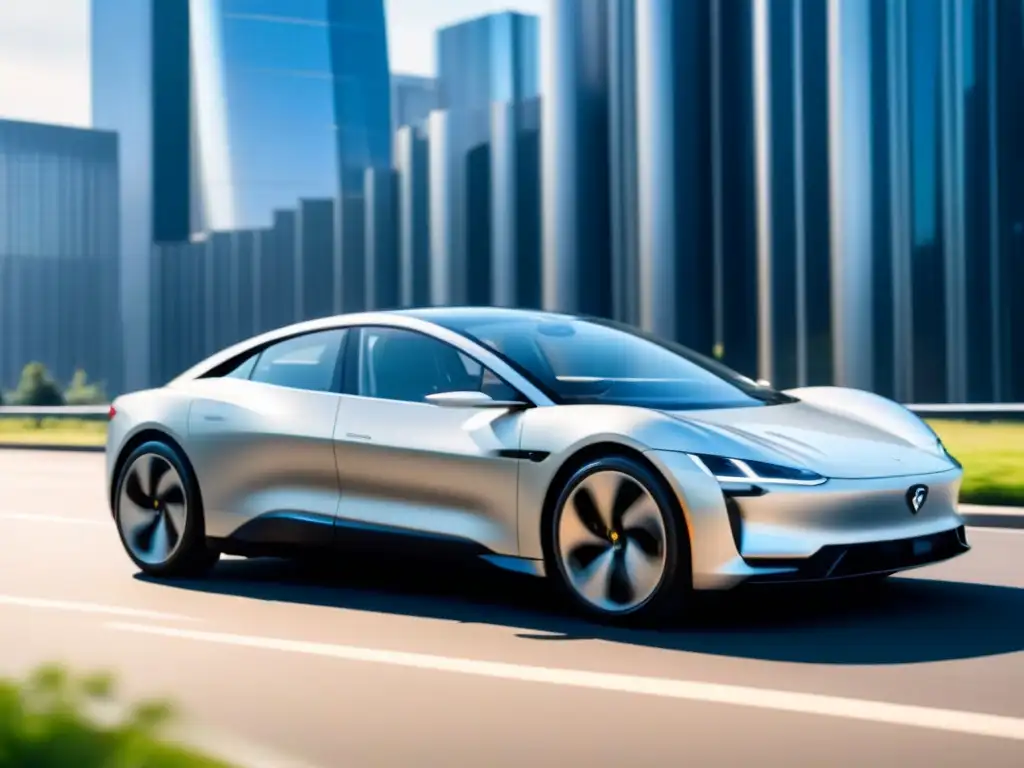 Un elegante coche eléctrico de alta gama, plateado, en una ciudad sostenible futurista