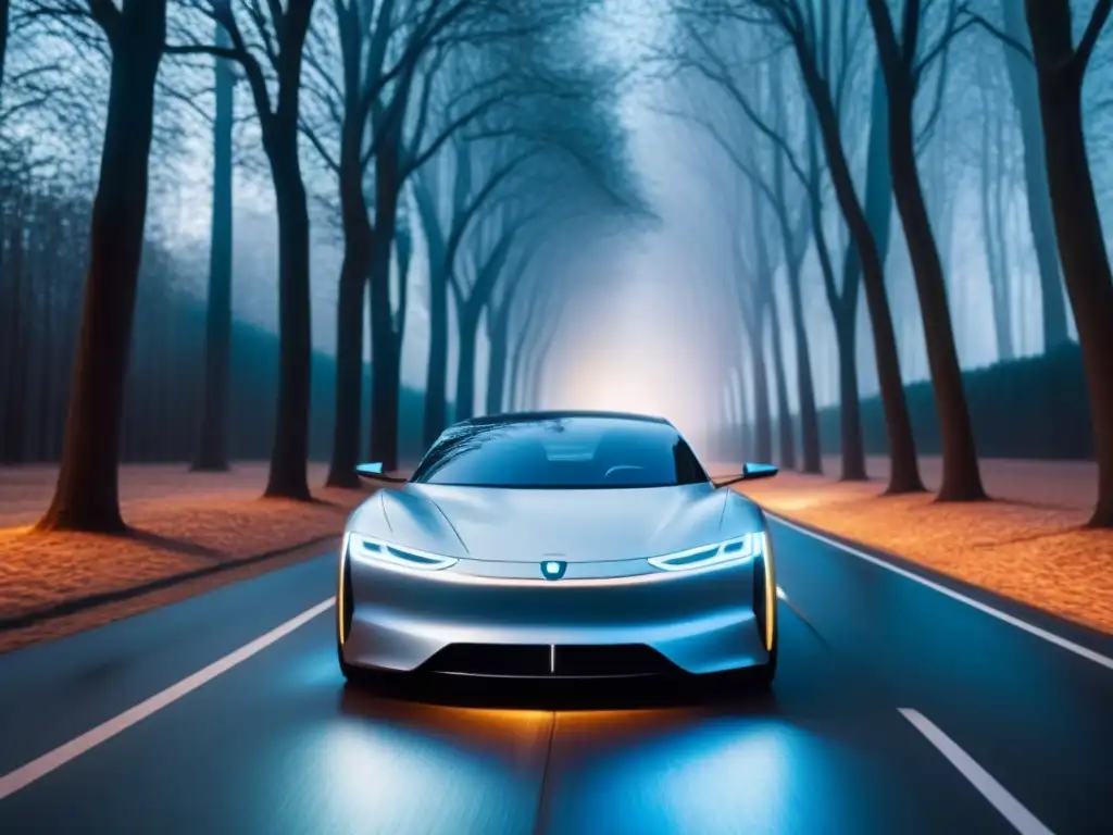 Coche eléctrico futurista deslizándose bajo un cielo estrellado Elegante coche eléctrico futurista en noche estrellada, resalta tecnología ecofriendly