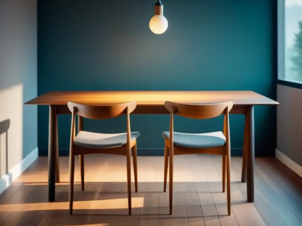 Un elegante conjunto de mesa y silla de madera, bañado en luz natural