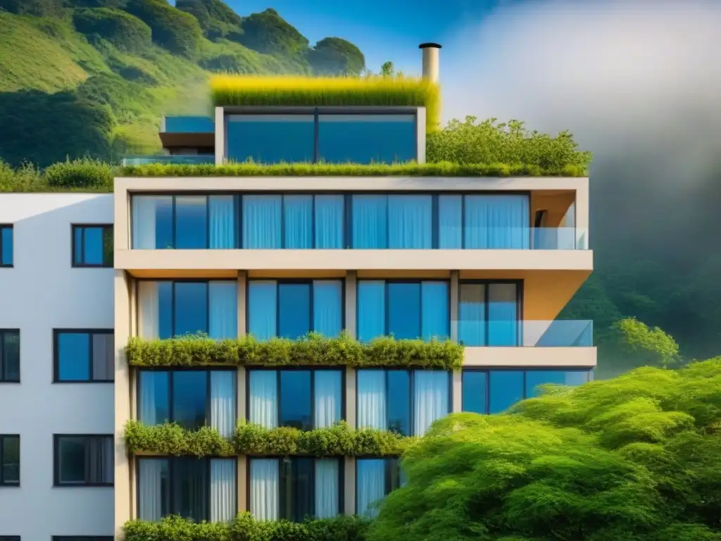 Elegante edificio ecoamigable con arquitectura bioclimática y construcción sostenible