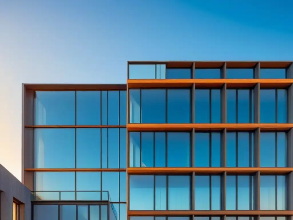 Elegante edificio sostenible con diseño moderno y ventanales estratégicos para iluminación natural, bajo cielo azul