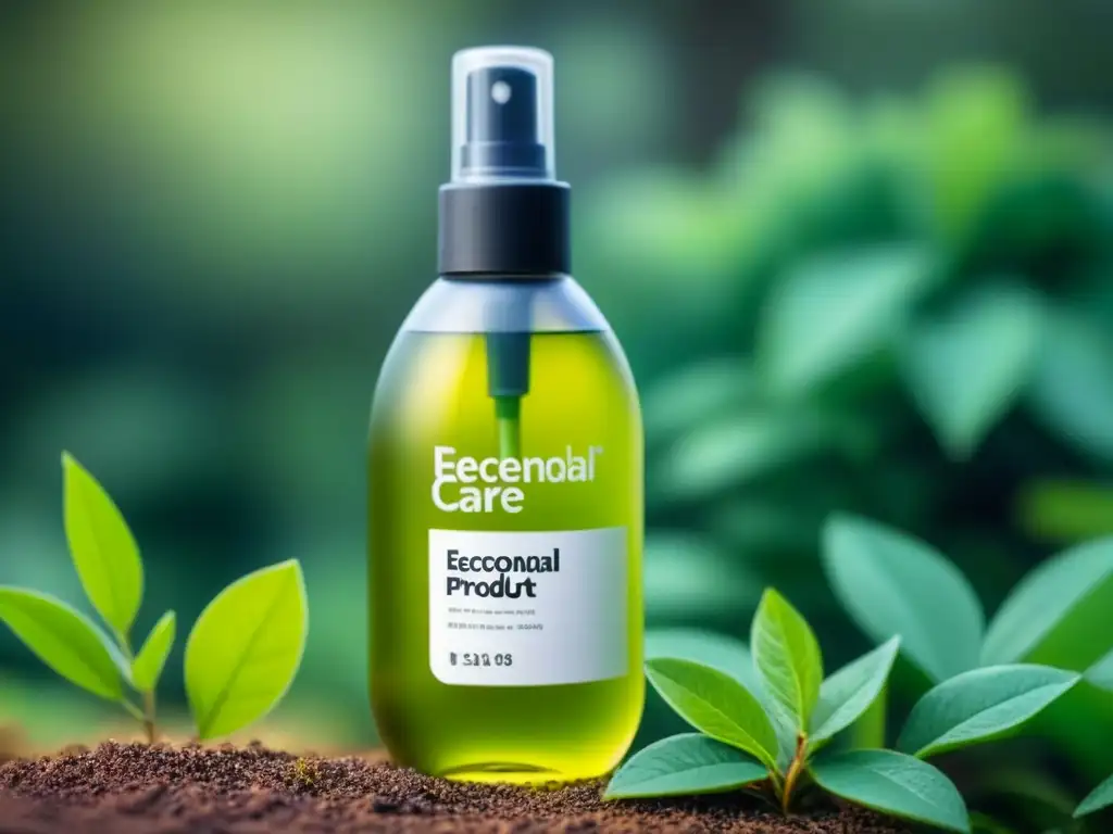 Un elegante envase de spray transparente reciclable con líquido verde y etiqueta que dice 'Productos de cuidado personal ecológicos'
