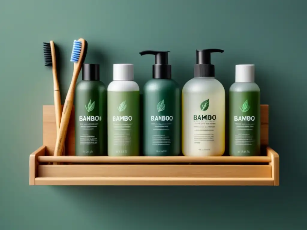 Elegante estante de baño con productos cuidado personal zero waste en tonos tierra