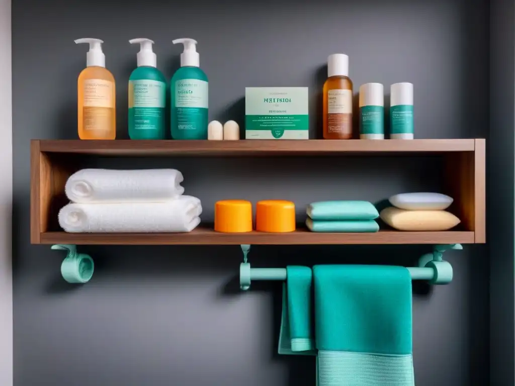 Elegante estante de baño con productos de higiene femenina sostenible zero waste organizados con precisión