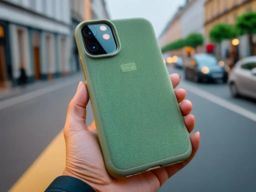 Elegante funda de móvil de Pela Case, diseño minimalista y textura sutil en tonos neutros, destacando su impacto sostenible