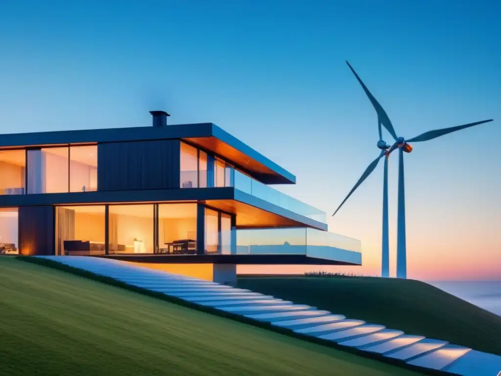 Residencia moderna con turbinas eólicas integradas: sostenibilidad y estilo Elegante hogar moderno con turbinas eólicas domésticas sostenibles girando en un cielo azul