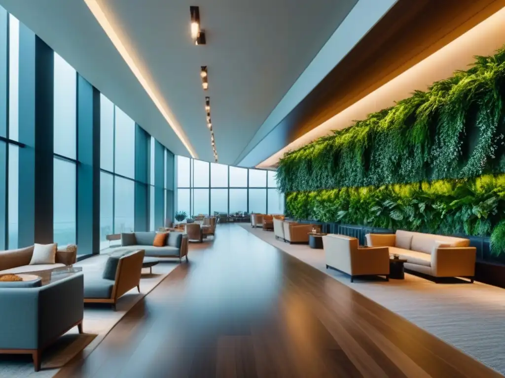 Elegante lobby de hotel con arquitectura sostenible y lujo, diseño minimalista y naturaleza integrada