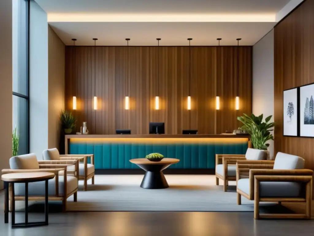 Elegante lobby de hotel con muebles sostenibles para hoteles eco, minimalistas y sofisticados