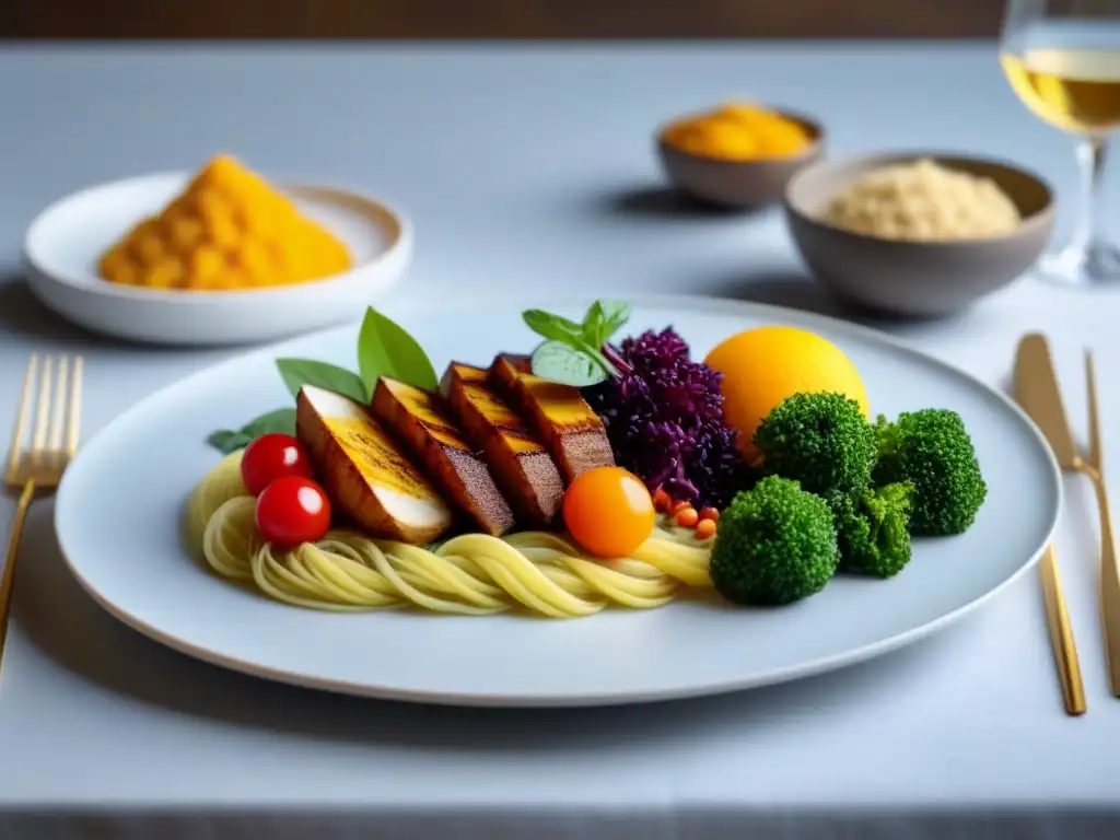 Una elegante mesa con platos vibrantes y frescos, que evocan la esencia de la alimentación basada en plantas sostenible