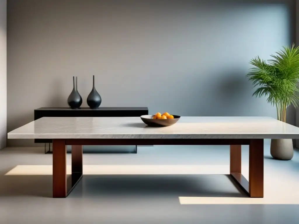 Un elegante y minimalista comedor con mesa de sinterizado sostenible, destacando su durabilidad y estética sostenible