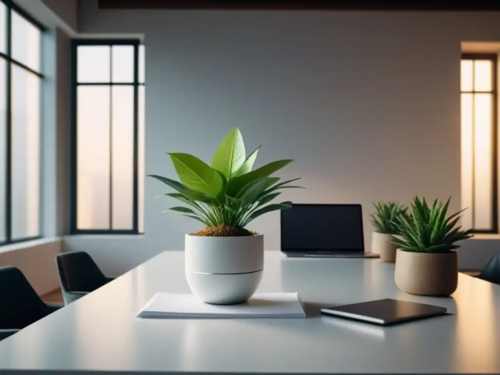 Un elegante y minimalista espacio de trabajo con laptop, papeles y planta verde en maceta