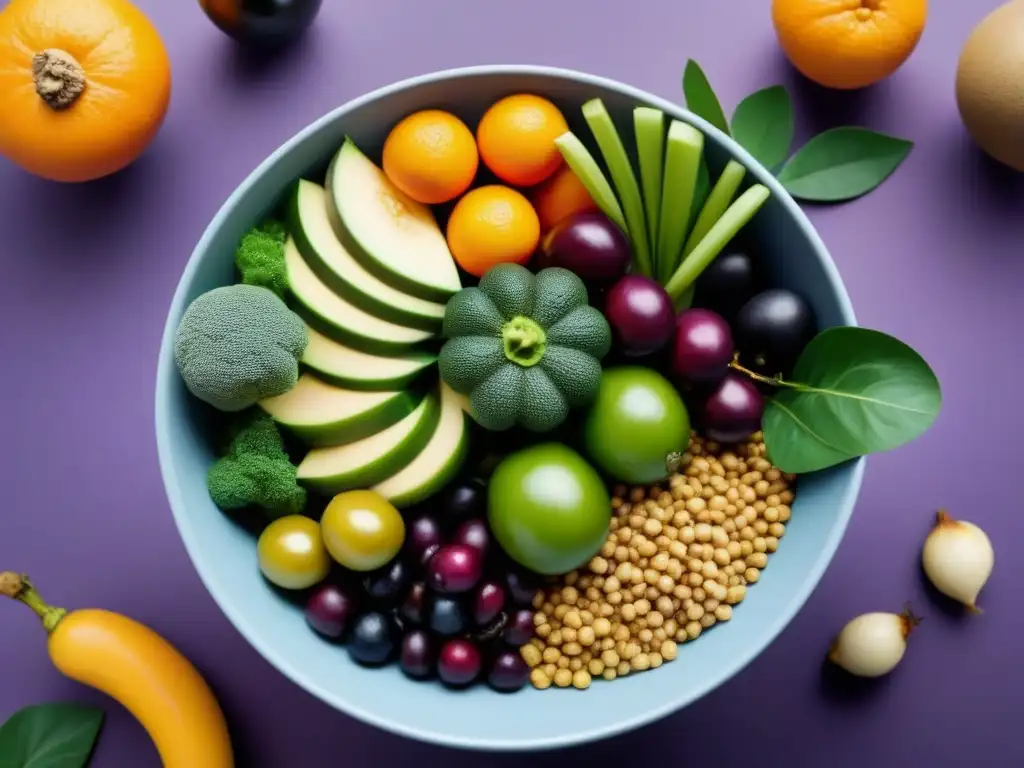 Una elegante y minimalista ilustración de una variedad diversa de frutas, verduras, granos y legumbres vibrantes en un tazón moderno y con estilo, simbolizando una alimentación basada en plantas sostenible