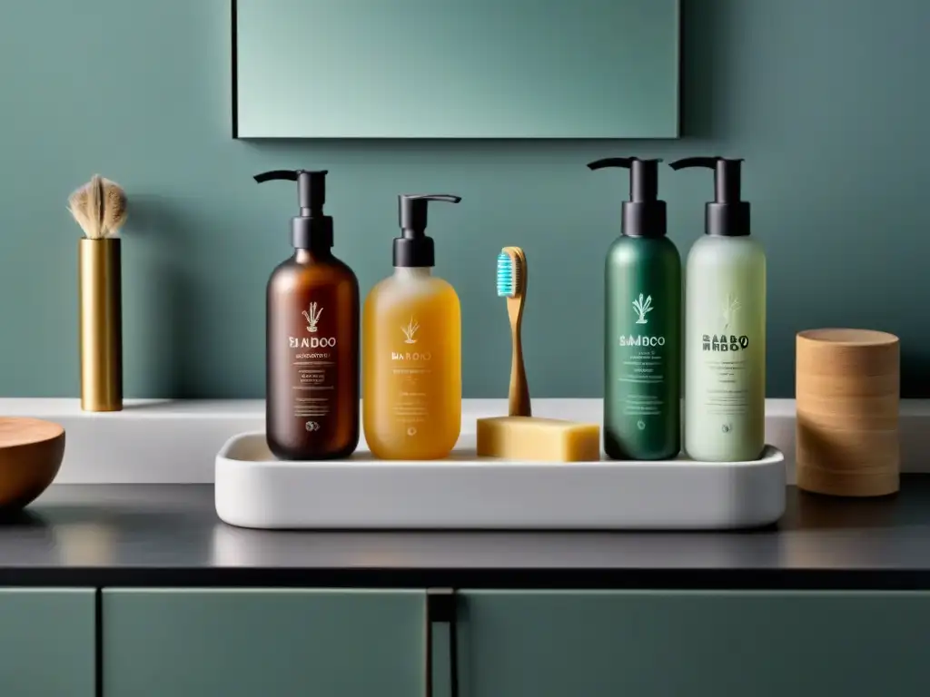 Un elegante y moderno baño adornado con productos plásticos en cuidado personal, promoviendo un estilo de vida sostenible y zero waste