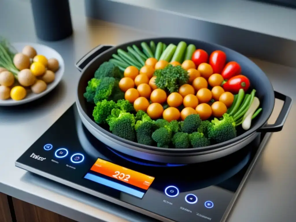 Un elegante y moderno cooktop de inducción con una olla de vegetales coloridos cocinando, mostrando los beneficios de cocinas de inducción eficientes