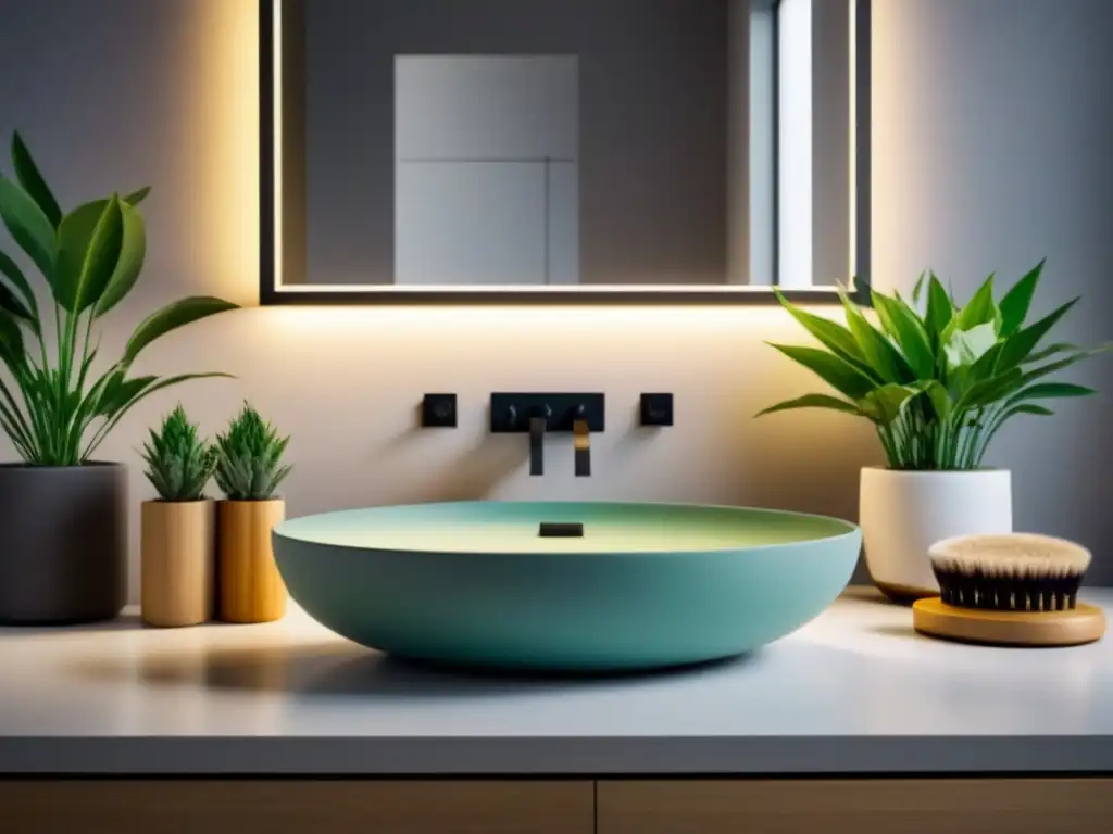 Elegante mostrador de baño con cosméticos ecológicos y plantas verdes