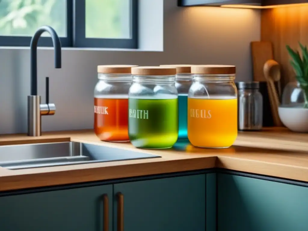 Un elegante mostrador de cocina con artículos ecofriendly organizados, bañado en luz natural