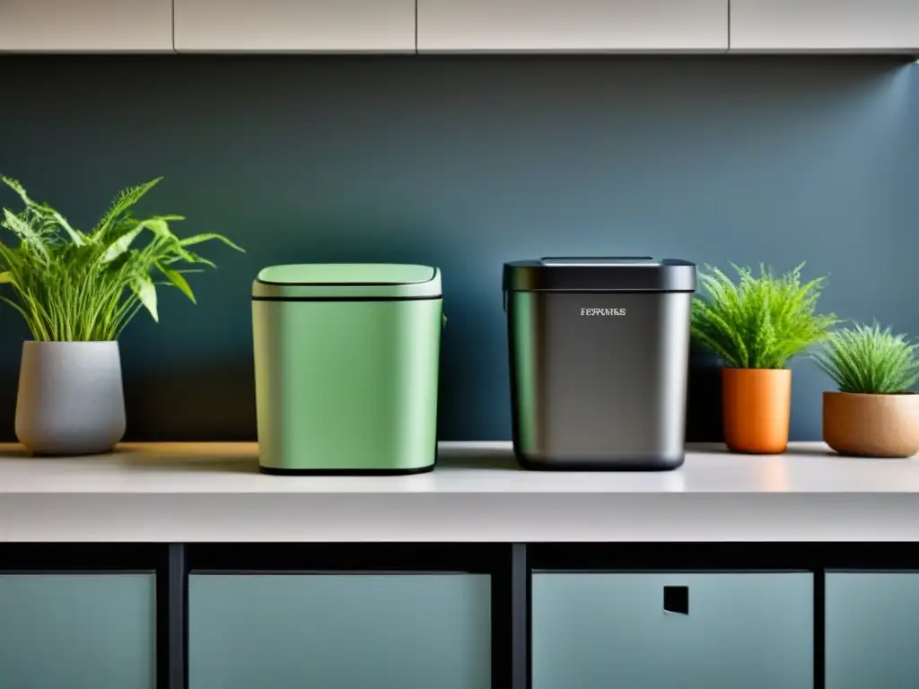 Un elegante mostrador de cocina con contenedores de compostaje y reciclaje, rodeado de plantas verdes