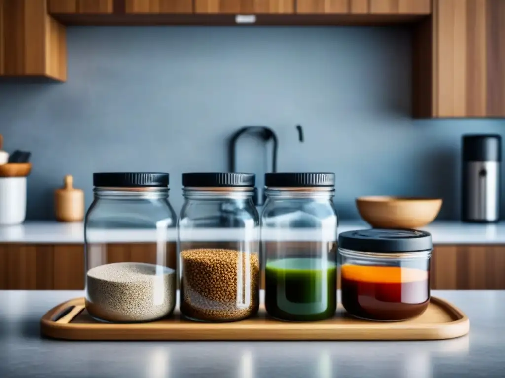 Un elegante mostrador de cocina con elementos reutilizables organizados, inspirando consejos zero waste para hogar