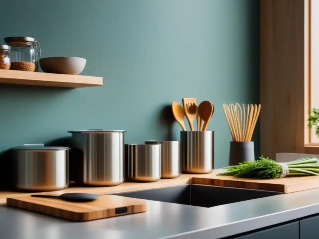 Un elegante mostrador de cocina con utensilios zero waste de bambú, acero inoxidable y vidrio