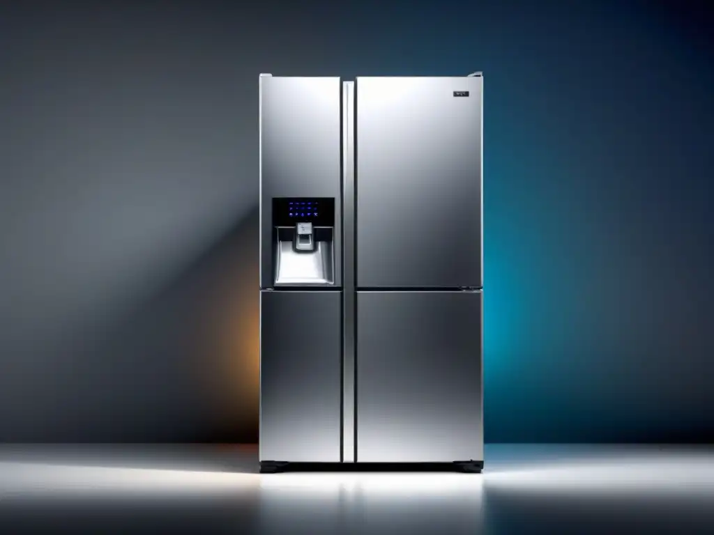 Un elegante refrigerador de alta eficiencia sostenible con acabado de acero inoxidable y pantalla digital