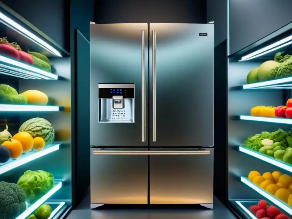 Un elegante refrigerador mostrando frutas y verduras frescas en estantes de vidrio