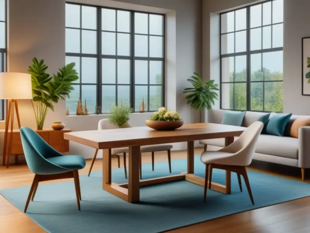 Una elegante sala de estar con muebles sostenibles y acabados ecológicos, destacando una mesa de madera y vistosas flores naturales