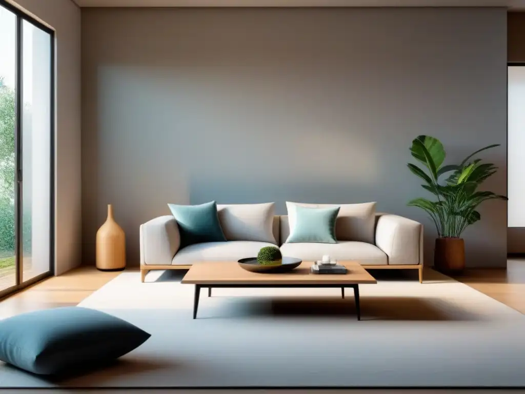 Un elegante salón minimalista con muebles ecológicos sostenibles compra en tonos neutros, bañado por luz natural